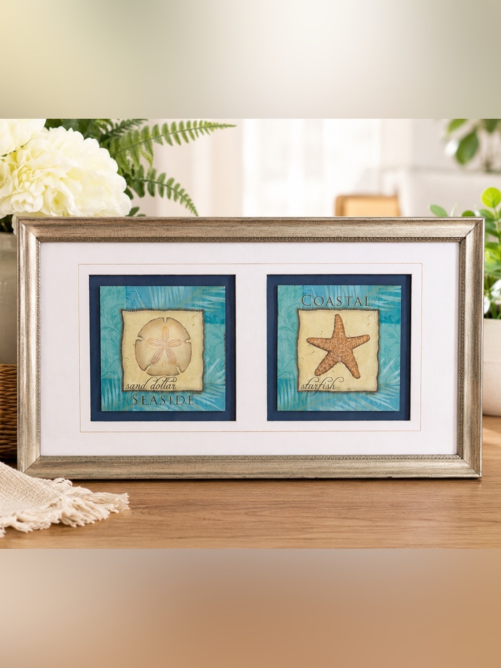 Coastal Sand Dollar & Starfish Framed Wall Art Made in USA - Blue and White